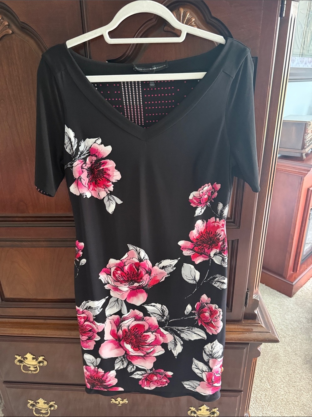 White House Black Market Black Midi Dress Pink Floral Print and Fully Reversible